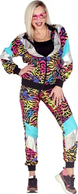 A woman wearing an 80s-style tracksuit.