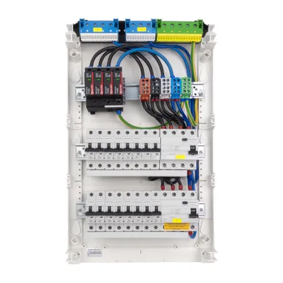 An electrical distribution box with circuit breakers and wiring.