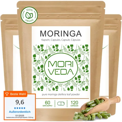 Produktbild von Moringa Kapseln I über 90 Nährstoffe, Proteine, Vitamine I Oleifera Blattpulver I vegan, laktose-, fruktose-, glutenfrei I 360 Stk. von Moriveda