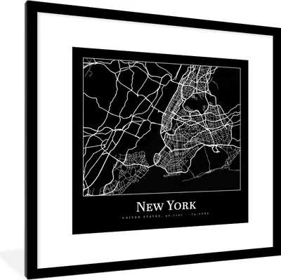 Produktbild von MuchoWow® Gerahmtes Poster Karte - New York - Stadtplan - Karte 40x40 cm - Poster mit Schwarzem Bilderrahmen Wandposter Rahmen Foto Bilder - Poster - Plakat im Rahmen
