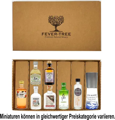 Produktbild von Gin Probierset Geschenkset - 8x verschiedene Gin Minis + Fever-Tree Geschenkbox