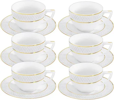 Produktbild von Wilmax Cappuccinotasse mit Untertasse 170 ml Weiß Goldrand Porzellan 6er Set WL-880102402/AB6