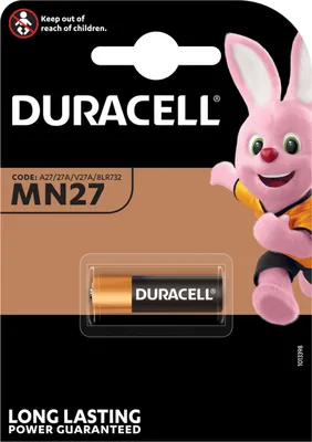 A Duracell MN27 battery packaged with a cartoon bunny mascot.