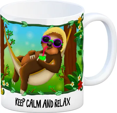 Produktbild von Kaffeebecher mit Faultier in Hängematte Motiv und Spruch: Keep calm and relax