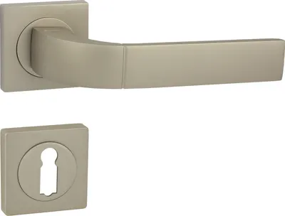 A door handle set with a square rosette and a keyhole.