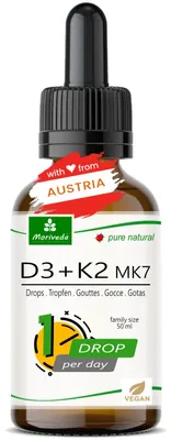 Produktbild von Vitamin D3+K2 Tropfen I 1000 I.E. D3 + 20µg K2 MK7 pro Tropfen I 50ml von Moriveda