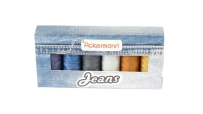 Produktbild von Ackermann Nähgarnset, 6 Rollen, Stärke 80, 150m, aus 69% Polyester 31% Baumwolle, ideal für auffällige Ziernähte auf Jeans & Leder, in harmonischen Grau-, Beige- & Jeansblautönen, praktisch verstaut in umweltfreundlicher Box.