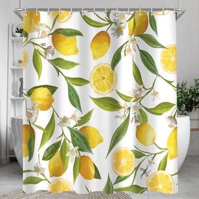 Obrázok produktu pre Záves na sprchu, motív citrónových listov, 120x200 cm, vodeodolný, proti plesniam, umývateľný, polyester, s 8 okami