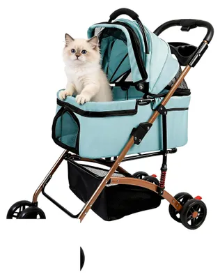 Produktbild von Faltbarer 4-in-1-Kinderwagen für Haustiere mit 4 drehbaren Rädern und abnehmbarer Babywanne, inklusive Regenschutz und Aufbewahrungskorb (grün)