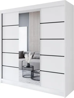 A white wardrobe with a mirrored door reflecting a living room scene with a sofa and coffee tables.