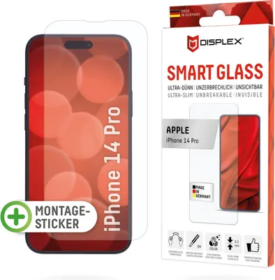 Immagine prodotto di Displex Smart Glass (9H) per Apple iPhone 14 Pro, adesivo di montaggio, infrangibile, ultra sottile, invisibile