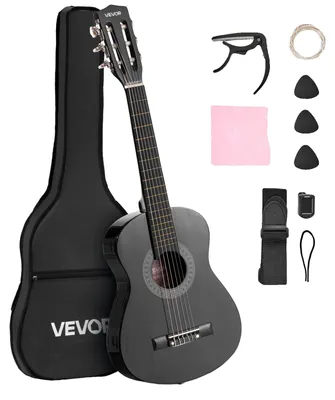Productafbeelding van VEVOR concertgitaar, 780 mm, houten klassieke gitaar beginnersset, met nylon snaren, gigbag, riem, stemapparaat, extra snaren, plectrums, capodaster, lindehout, geschikt voor beginners, zwart