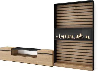 Produktbild von Wohnwand Wohnzimmer, 310x35x186cm, Für TV-Geräte bis zu 80", Elektrokamin XXL, Eiche und Schwarz
