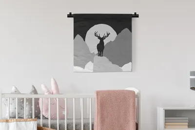 Produktbild von MuchoWow® Wandteppich Wandbehang Hirsch - Mond - Schwarz - Weiß 60x60 cm Tapisserie Dekoration Wandtuch - Dekorationen - Wand Decke