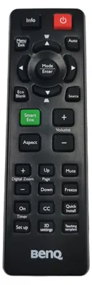 A black remote control with various buttons and labels, including the BenQ logo at the bottom.