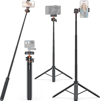 Zdjęcie produktu dla VRIG TP-16 140 cm/55 cali statyw selfie stick z elastyczną głowicą kulową, uchwytem na telefon, złączem śrubowym 1/4 cala do kamery smartfona, vloga, transmisji na żywo, nagrywania wideo selfie