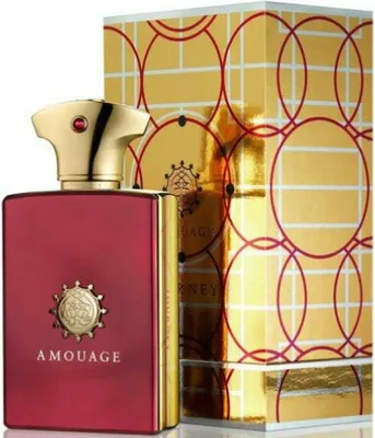 A red Amouage perfume bottle and its gold and red patterned box are displayed.