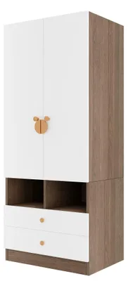 Produktbild von Kinderkleiderschrank - Freistehender Kleiderschrank mit 2 Schubladen - 70 x 50 x 170 cm - Cartoon-Griffe - Kleine Ablagefächer - MDF - Naturholz