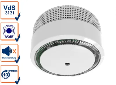 A white smoke detector is shown from a slightly elevated angle, with informational icons on the left.