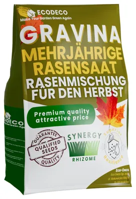 Obrázok produktu pre EcoDeco Trávne semeno 5 kg na 200 m² – jesenný výsev pre zelený a hustý trávnik na jar – ideálne pre suché a tienisté trávniky – silné zakorenenie a odolnosť voči burine