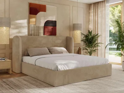 Produktbild von MKS MEBLE Doppelbett Polsterbett EMORA CLASSIC Bett Holzgestell hohes Kopfteil Multipocket Matratze ELORI LUX 200x200 Beige Plüsch