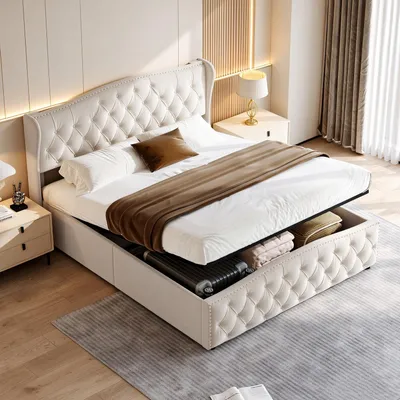 Produktbild von INONEFT Polsterbett 140x200cm mit Lattenrost, Doppelbett mit Stauraum, Hydraulisches Boxspringbett, Samt Stauraumbett Funktionsbett, Beige