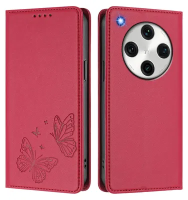 Produktbild von Lederhülle für Oppo Find X8 Pro, Schmetterling Prägung Leder Brieftasche Schutzhülle mit Ständer Rot