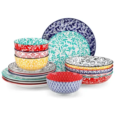 Image de Service de table Vancasso, service mixte 16 pièces, service en porcelaine comprenant des assiettes plates, des assiettes à dessert, des assiettes creuses et des bols pour 4 personnes, multicolore