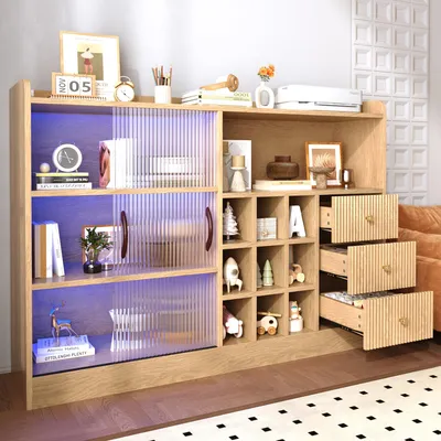 Image de Armoire de rangement rétro avec étagère à vin et éclairage LED, dimensions 120x30x85 cm, en bois naturel