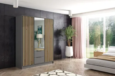 Produktbild von ALTDECOR Kleiderschrank mit Spiegel und selbstschließenden, Lamellentüren, Lamellen, Flügeltüren - NELIA - 150 cm Graphit