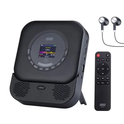 Zdjęcie produktu dla Przenośny odtwarzacz CD z Bluetooth 5.3, uchwytem ściennym, słuchawkami i pilotem – August SE15