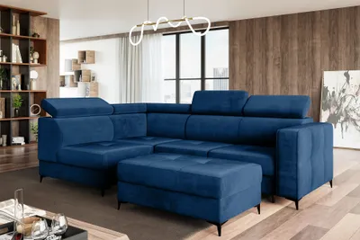 Produktbild von MEBLINI Schlafcouch mit Bettkasten - Ecksofa mit Schlaffunktion - Sofa mit Relaxfunktion und Kopfstützen - Couch L-Form - Eckcouch - Wohnlandschaft - DORIAN - 263x232x89cm Links - Blau Samt