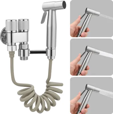 Produktbild von Fortuna Lai Bidet Handbrause für Toilette, Edelstahl Bidet Handbrause Set mit 1-in-2-out-Doppelsteuerventil Wasserhahnspender und Schlauch Zum Waschen Von Haustieren, Reinigen Des Badezimmers, Silber