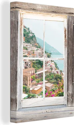 Produktbild von OneMillionCanvasses® - Leinwandbilder - 90x140 cm, Durchschauen - Italien - Blumen, - Geöffnetes Fenster - Fensterblick Schlafzimmer Kunstdruck Wanddekoration - Foto auf Leinwand - Gemälde auf Holzrahmen  - Wandschmucke - Schlafzimmer