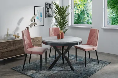 Produktbild von Runder Ausziehbarer Esstisch im Loft-Stil - Industrieller Tisch mit schwarzen Metallbeinen - Platzsparender Tisch für Wohnzimmer - Beton Grau - 100 bis 140 cm