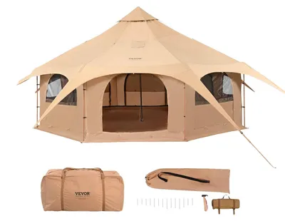 Immagine prodotto di VEVOR tenda a campana 5 x 2,8 m tenda yurta TC in cotone e robusti pali in ferro con telo in tessuto Oxford tenda da campeggio 8 persone tenda familiare 8 finestre tenda di gruppo per avventure all'aperto
