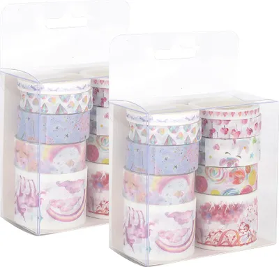 Productafbeelding van 2 rollen plakband met eenhoornmotief, decoratief papier, maskingtape-stickers voor doe-het-zelf decoratie, knutselwerk, scrapbooking en briefpapier
