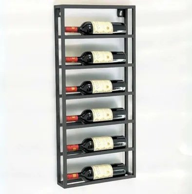 A black metal wine rack mounted on a white wall, holding six bottles of wine.