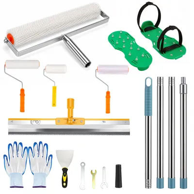Produktbild von Werkzeugset für Epoxidharzböden - Selbstnivellierendes Bodenset - Stachelwalze mit 4 Verlängerungsstangen - Zahnrakel - Nagelschuhe für Betonestrich