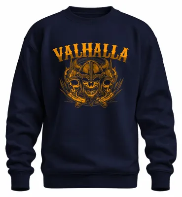 Imagen del producto de Sudadera con capucha uni, diseño de cráneo de vikingo, hachas, mitología nórdica y runas. Color azul marino, talla XL