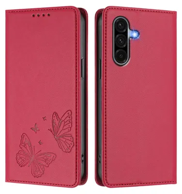 Image de Étui en cuir pour Samsung Galaxy A56, motif papillon en relief, étui à rabat avec porte-appareil, rouge