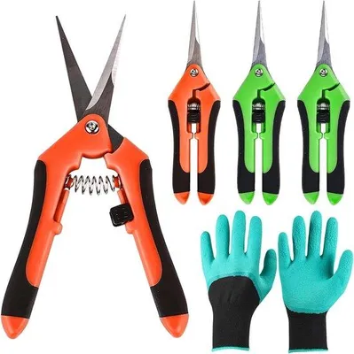 Produktbild von Gartenzang-Set: 4 Stück Schere mit Handschuhen für Rosen schneiden, Blumen ernten und Bonsai-Pflanzen pflegen