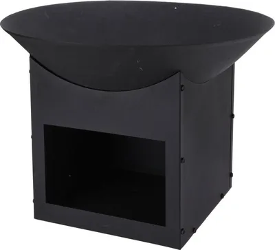 A black metal garden fireplace with a wide bowl-like top and a square base with an open compartment.