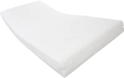 A white mattress is shown at an angle against a white background.