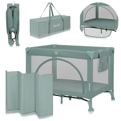 A collage of images showing a travel crib and its accessories, including a folded crib, a carrying bag, a mosquito net, and a foldable mat.
