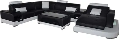 Zdjęcie produktu dla Sofa skórzana z USB Nowoczesna kanapa tapicerowana Narożnik + Stolik + Oświetlenie