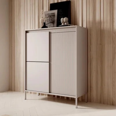 Produktbild von Highboard Kommode FERRATO 104 cm Beige Riffelung 3-türig Modern