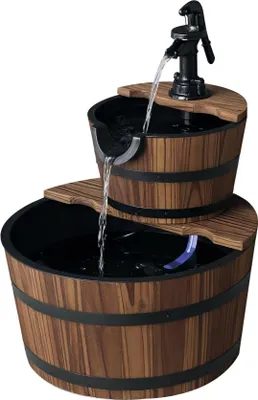 Image de Fontaine de jardin en bois - Jeu d'eau - 2 niveaux - Pompe électrique - Cascade - Pour l'extérieur