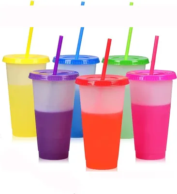 Produktbild von Wiederverwendbare Trinkbecher, 6 Stücke 16F Farbewechsel Trinkbecher mit Strohhalm & Decke, Farbwechselbecher Mehr Weg Plastikbecher Campingbecher, Kinder Tasse Cup Travel Tumbler für Softdrink Eiskaffee Kaltes Trinken Smoothie Saft - 6 Stücke Set