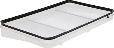 A white plastic filter with a black rubber seal on a white background.